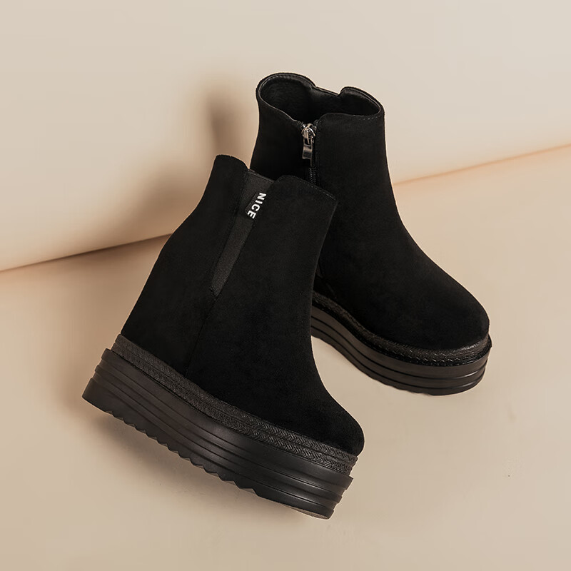 酌钗轻奢潮流11超高跟坡跟短靴女防水台厚底马丁靴2021秋冬翻毛皮女