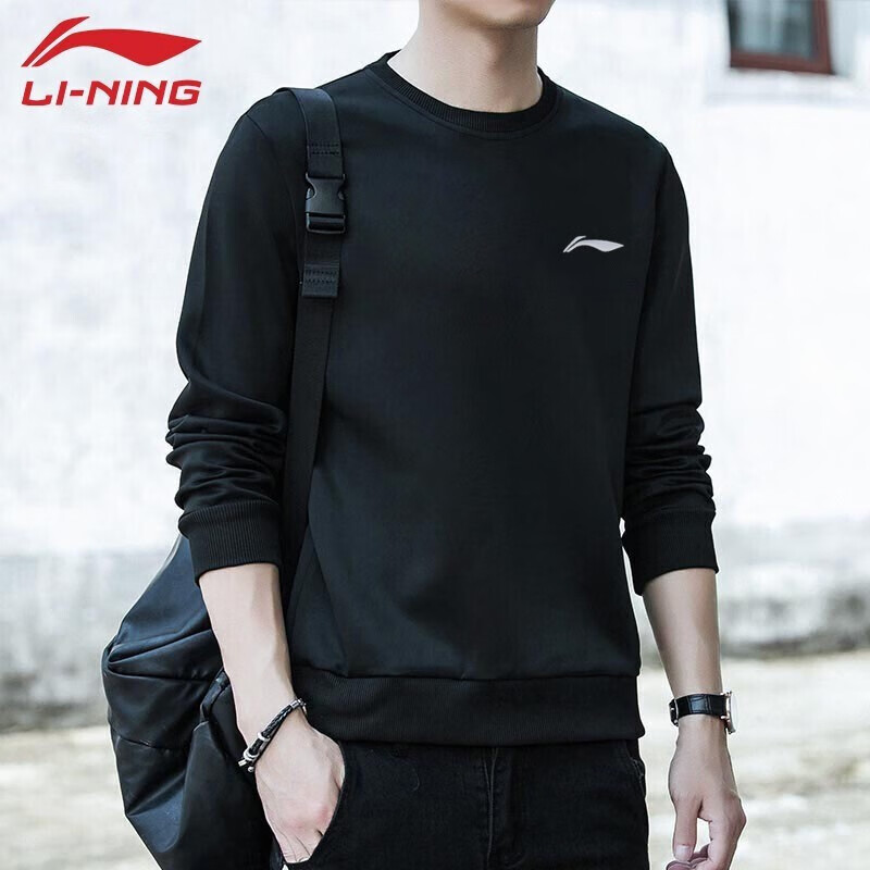 李宁 卫衣男衣服长袖t恤外套男春秋运动服饰中国篮球服跑步服圆领宽松时尚健身服品牌男士运动装 黑色 L