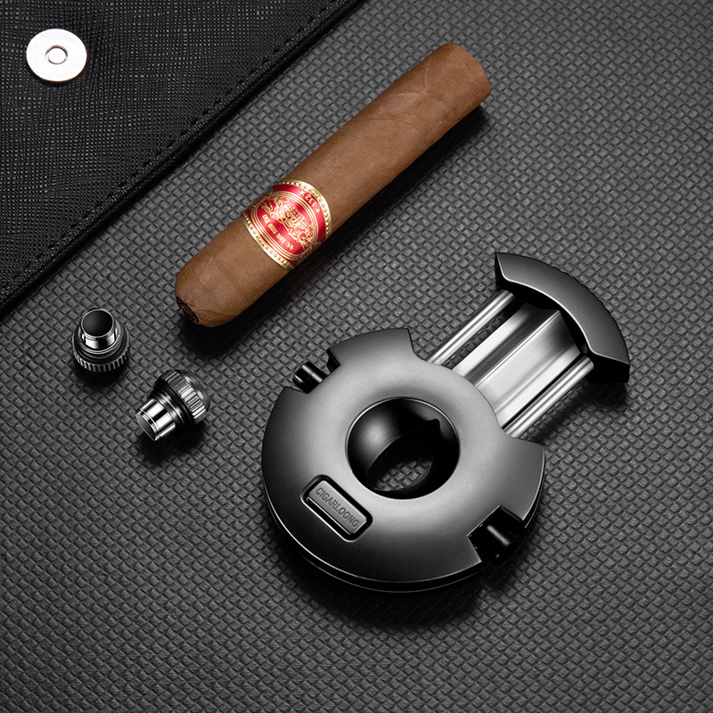 茄龙 （CIGARLOONG） 雪茄剪 便携雪茄V型剪刀金属不锈钢多功能雪茄刀带打孔器礼盒装送男友 灰色