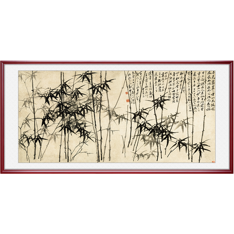 郑板桥《墨竹图》 100*50cm  典雅红褐实木框 油画布 玻璃