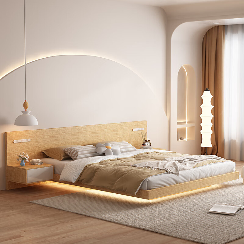 雅德居榻榻米悬浮床侘寂风日式北欧现代简约原木色风格卧室感应灯带床