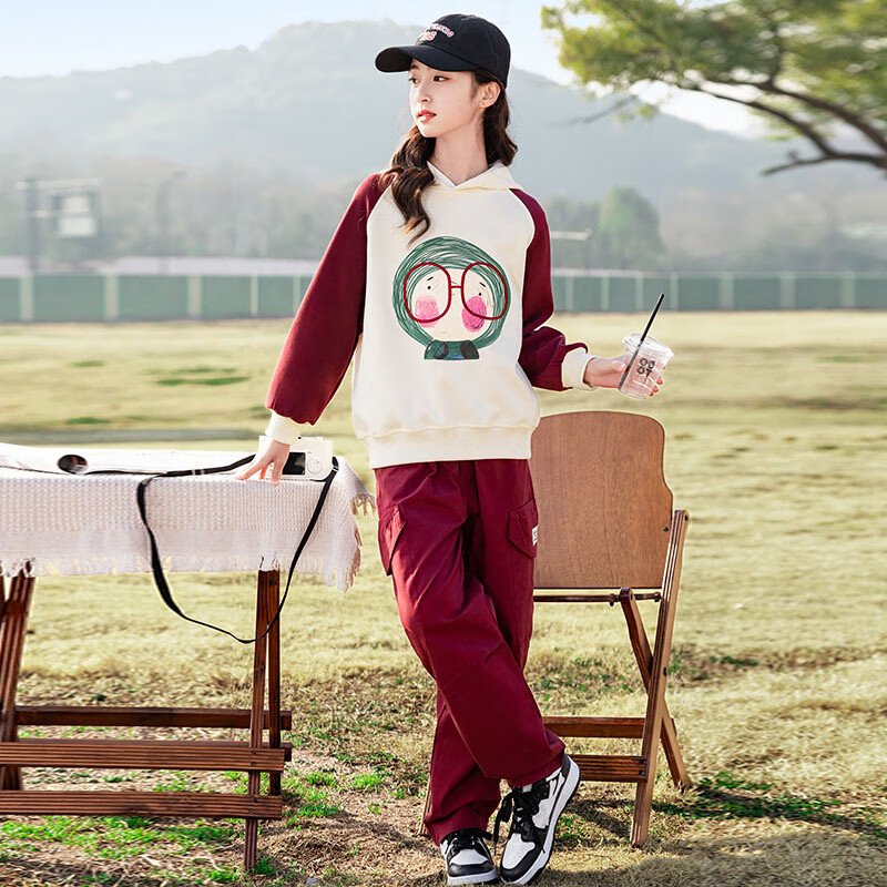 女孩衣服12到15岁套装春秋款女大童卫衣工装裤两件套运动春秋款 暗