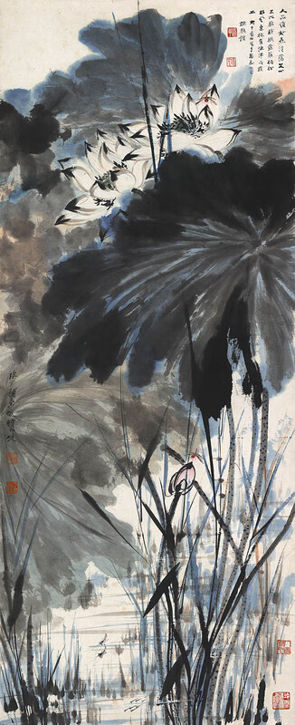 近现代张大千于非闇荷花游鱼图客厅玄关水墨国画装饰画挂画装饰字画