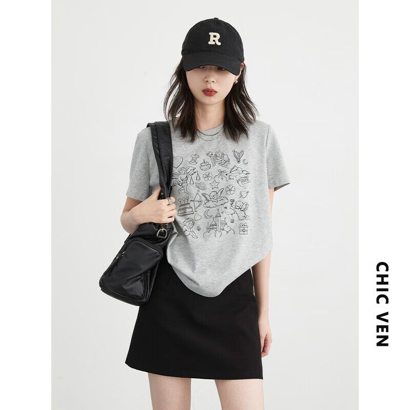 CHIC VEN 2026春夏季新款韩系圆领短袖印花T恤凉感正肩显瘦上衣女chicven 麻灰 M （50-60公斤）