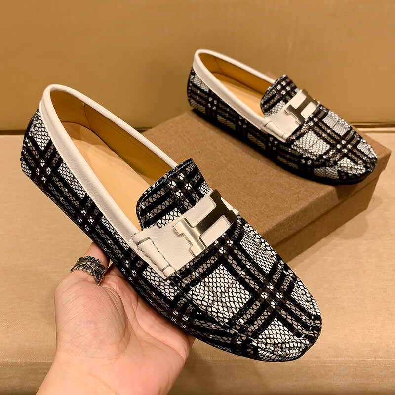 爱马仕男士蛇皮纹牛皮高端档次豆豆鞋男春季商务休闲皮鞋 黑色 38