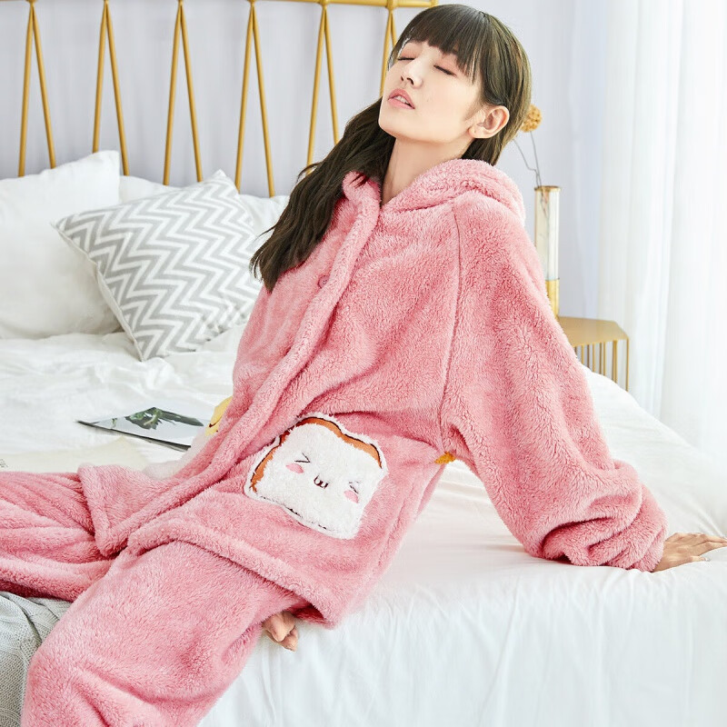都市丽人睡衣女卡通加绒加厚开襟连帽口袋女士家居服套装 藕粉 XL (建议120-135斤)