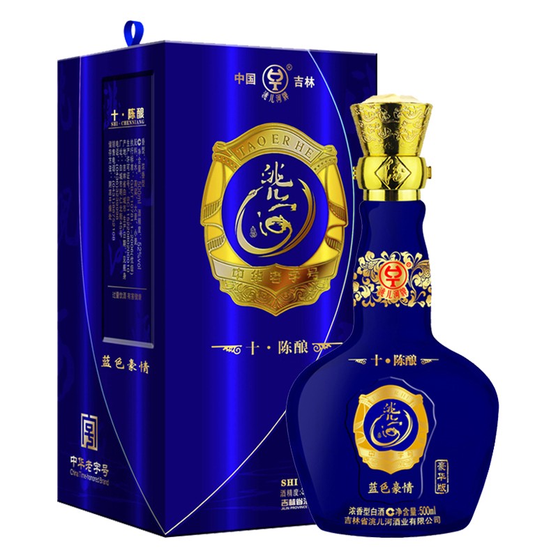 洮儿河蓝色豪情十年10年陈酿白酒浓香型 东北吉林名酒粮食酒礼盒装 38度 500mL 6瓶 整箱装