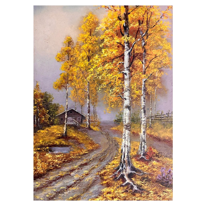 艺幻轻奢金色白桦树手绘油画秋天落叶风景装饰画中古客厅玄关肌理挂画