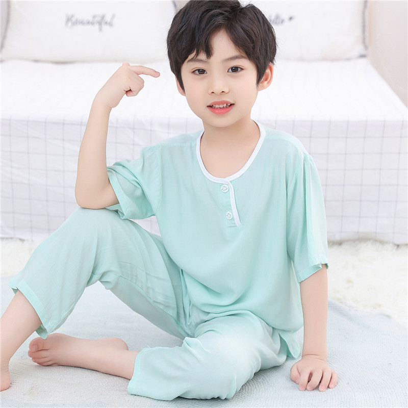 兒童棉綢睡衣 短袖長(zhǎng)褲夏季寶寶綿綢男孩女童空調(diào)家居服套裝薄款 DXCK淺綠色 100碼數(shù)建議穿155cm