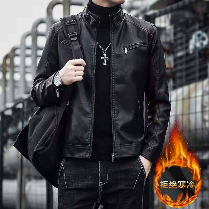 舒晋皮衣男薄春秋季韩版冬款加绒外套皮夹克男机车潮流青年皮衣外套