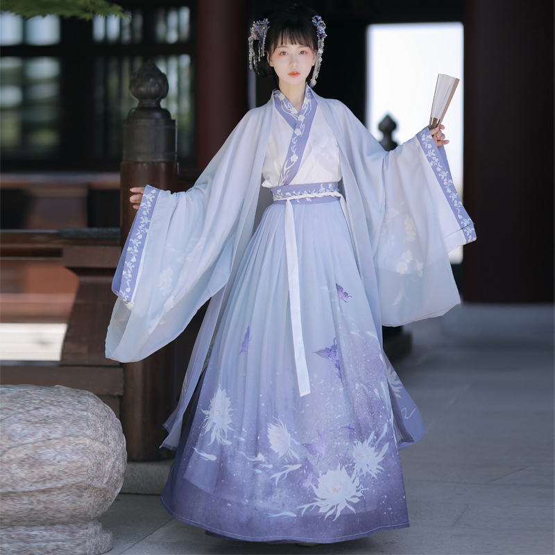 时慕语 原创汉服女成人魏晋风交领齐腰襦裙中国风情侣CP套装古装 【镜花水月】渐变紫 大袖衫+上衣+下裙 M属于什么档次?