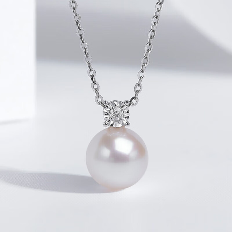 珍珠皇后Akoya海水珍珠项链18K金镶钻石吊坠戴妃款生日礼物送女朋友 白色18K金【8.5-9mm】