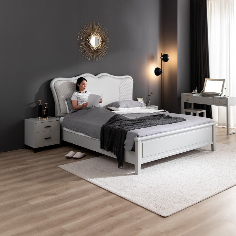 意特尔静音实木床简约现代双人床莫兰迪灰色木床1.