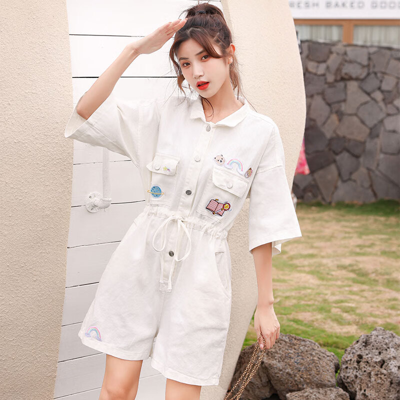 牛仔连体短裤女夏季2024新款韩版减龄百搭收腰显瘦工装连衣裤 白色 s