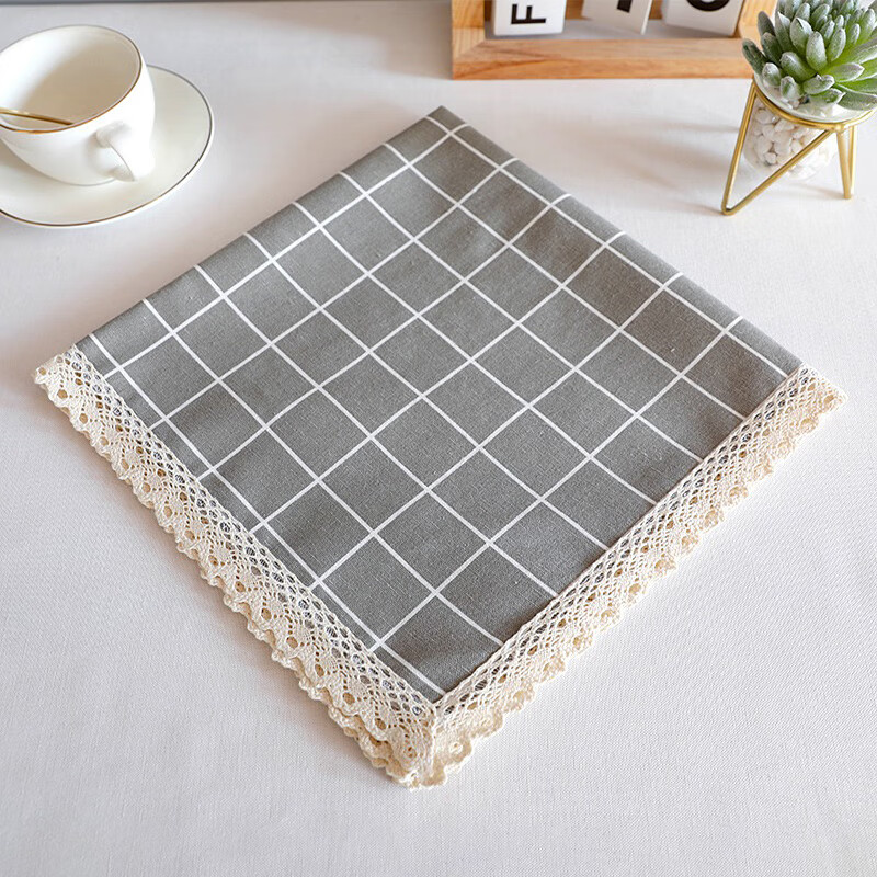 归隐桌布布艺仿棉麻格子卡通书桌垫家用防尘盖巾正长方形茶几餐桌布 灰格子-花边 60X60cm 京东折扣/优惠券