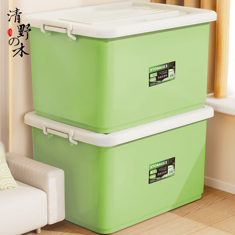 清野の木 衣物收纳箱塑料整理箱110L绿色 1个装 带轮