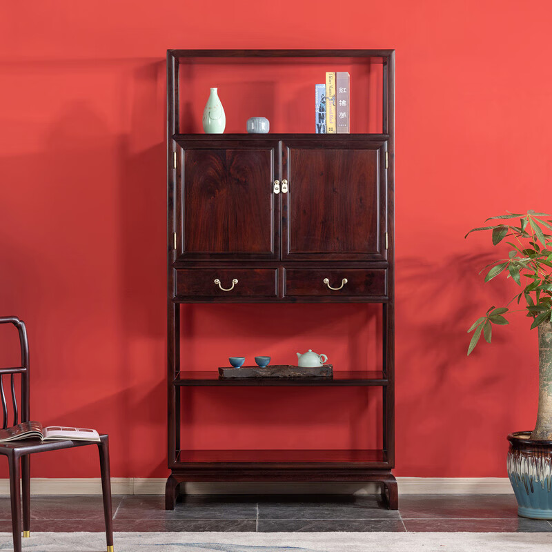 贡艺名居 红木家具血檀(学名:染料紫檀)实木新中式书柜储物柜收纳简约