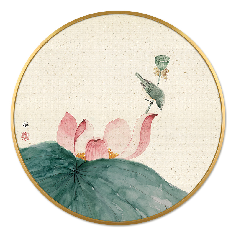 新中式晶瓷画入户玄关装饰画中国风荷花挂画客厅茶室禅意圆形壁画 1号