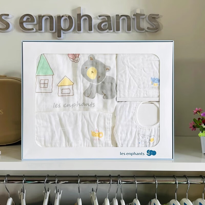 麗嬰房商場新款兒童浴巾套裝禮盒新生兒滿月百日周歲純棉紗布被嬰兒包巾 小熊 均碼 0~14歲適用