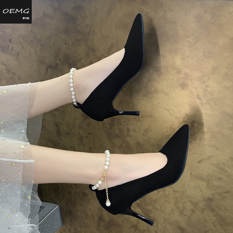 高跟鞋女学生2022春秋款高跟鞋女细跟一字扣小众珍珠百搭绒面学生绑带