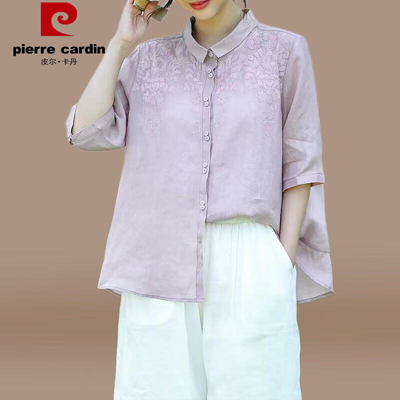 品牌女士棉麻衬衫2024夏季薄款中年妈妈半袖高端天丝亚麻苎麻上衣 浅