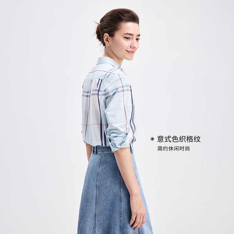 Navigare意大利小帆船长袖衬衫女士春秋季通勤百搭格子休闲衬衣女时尚内搭 蔚蓝/白 L
