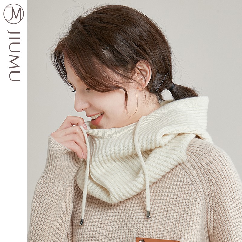 玖慕(jiumu)帽子围巾一体秋冬纯羊毛连帽围巾脖套两用保暖针织毛线帽