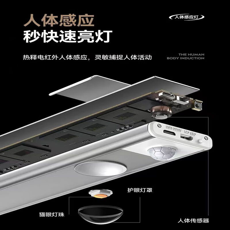 led智能无线充电式人体感应灯橱柜衣柜鞋柜酒柜小山丘猫眼灯磁吸 120cm-十束光-三色可调-升级版 月光白【智能感应+小山丘光效】