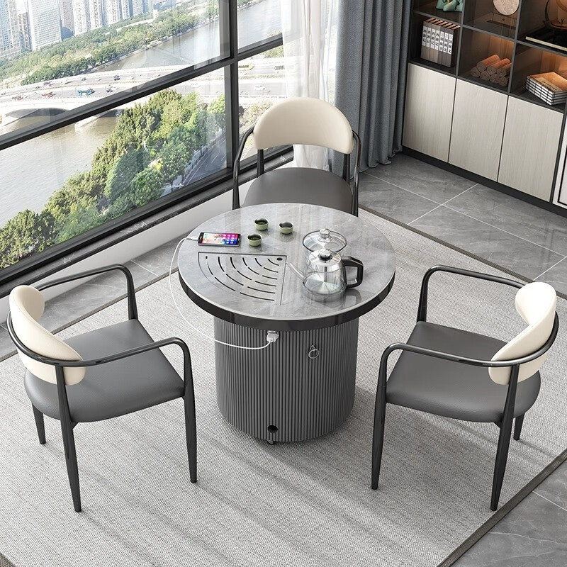 尊兰卡（ZUNLANKA）岩板阳台可移动茶车茶桌椅组合带轮可移动茶几家用圆形小茶台 移动茶桌80+3主椅