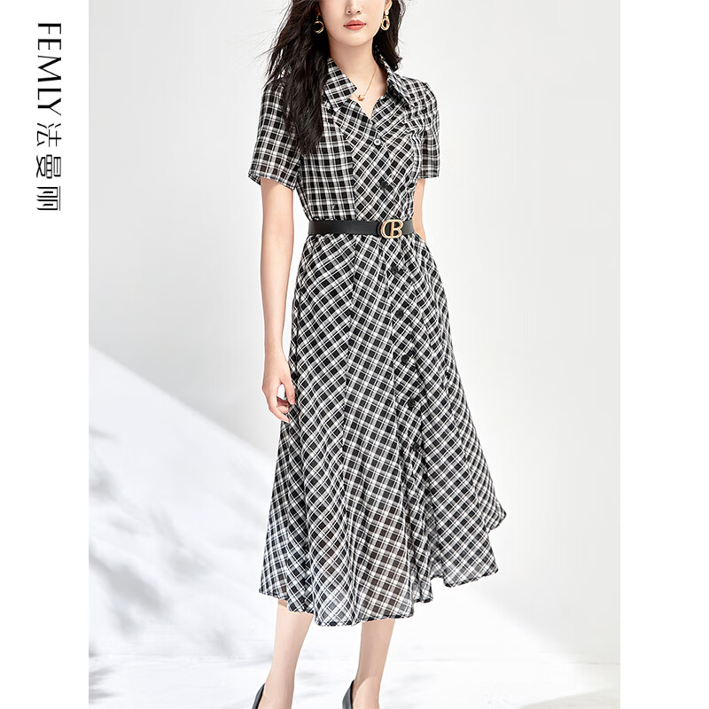 法曼丽 2024夏季格子气质收腰显瘦法式浪漫设计感连衣裙W2409104 黑色 XL