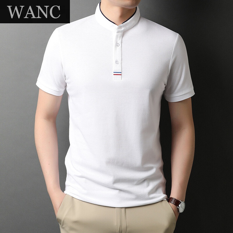 wangc轻奢品牌 夏季新品男装短袖t恤男士简约休闲纯色棉立领t恤衫中