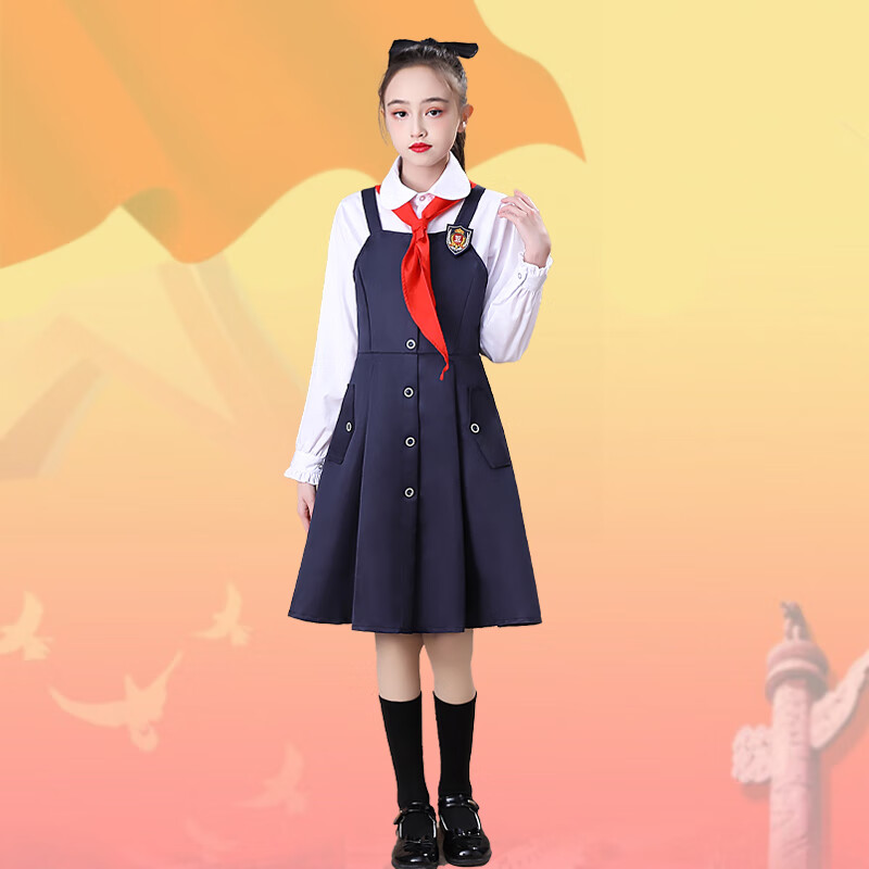 演出服红色爱国诗歌朗诵学生大合唱 女生圆领长袖藏蓝吊带裙 红领巾