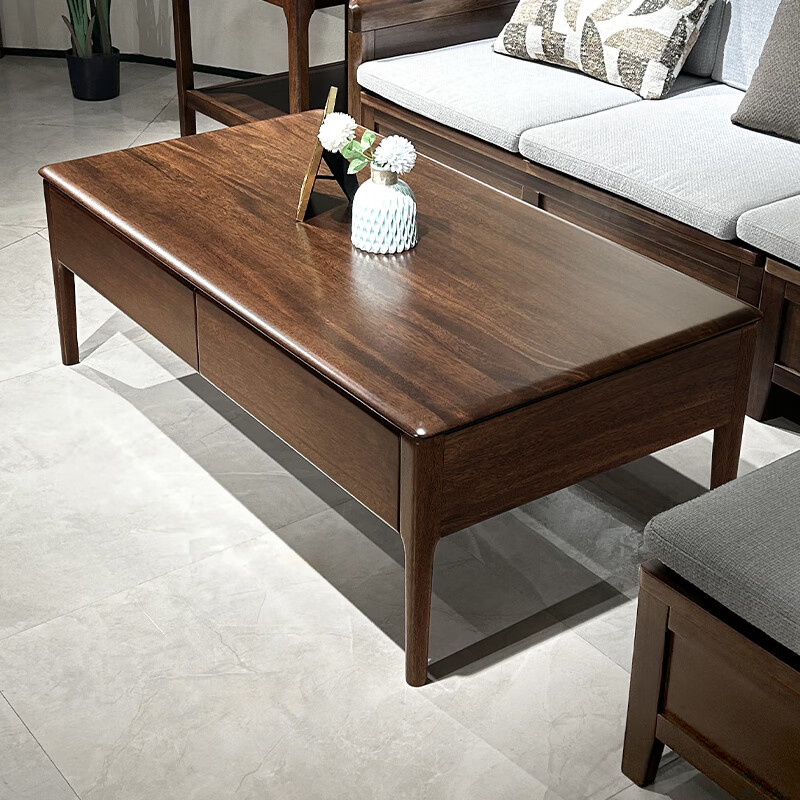 菲乐熊全实木茶几现代简约客厅家用北欧带抽茶台小户型胡桃木长方形茶桌 胡桃木茶几 （两抽屉款 单面开） 130*70*45cm