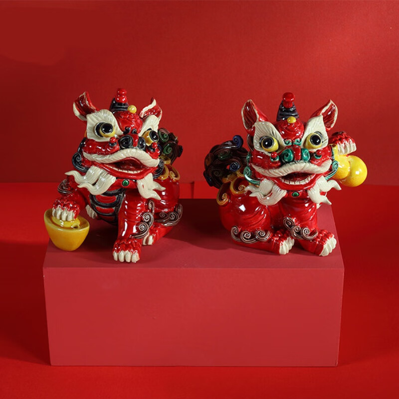 交趾陶狮子麒麟好运纳福摆件故宫国潮文创醒狮设计陶瓷摆件 红色纳福