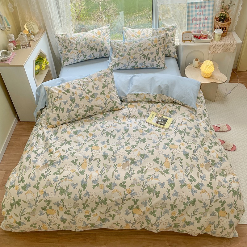 仟日红 全棉四件套纯棉床上用品单人双人印花床单被套床上用品套件 艾