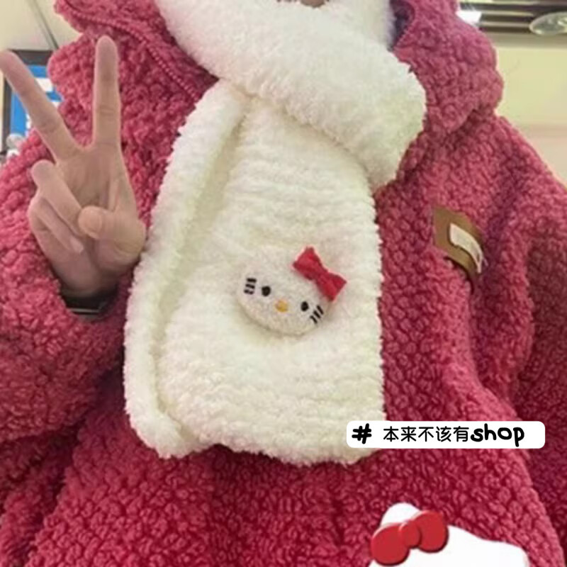hellokitty編織圍巾毛線diy帕恰狗編織kt貓圍脖可愛冬季的 kt貓珊瑚絨乳白材料包-竹針款