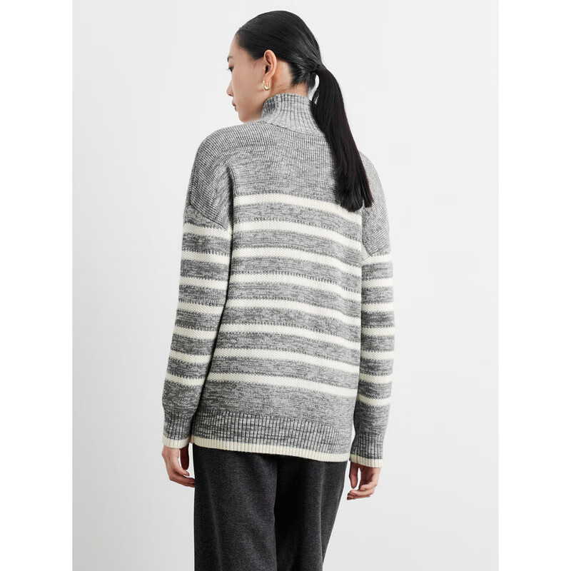 太平鸟女装无缝一体假两件拼色软糯半高领毛衣经典条纹针织衫合集 灰色条纹经典针织衫 M