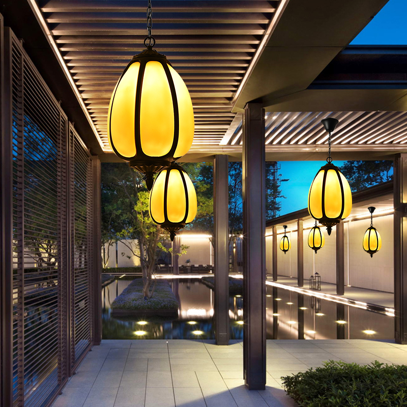 亚杉 新中式南瓜吊灯户外防水灯庭院走廊别墅小吊灯 8829-小号雪花仿