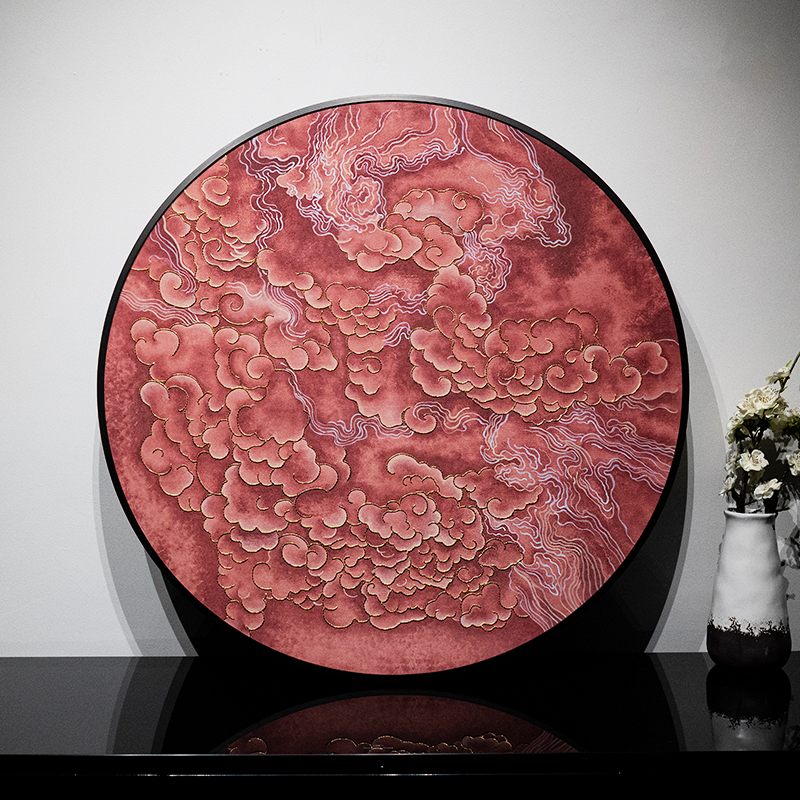 逸福瑞 新中式绘加绣苏绣盘金绣装饰挂画祥云映日玄关沙发背景壁画