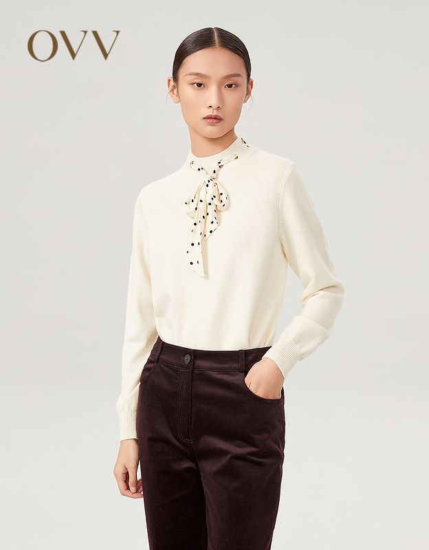 OVV秋冬新款丝巾领两穿绵羊毛精纺休闲长袖针织衫GNZAJ31121A 米白C9 L