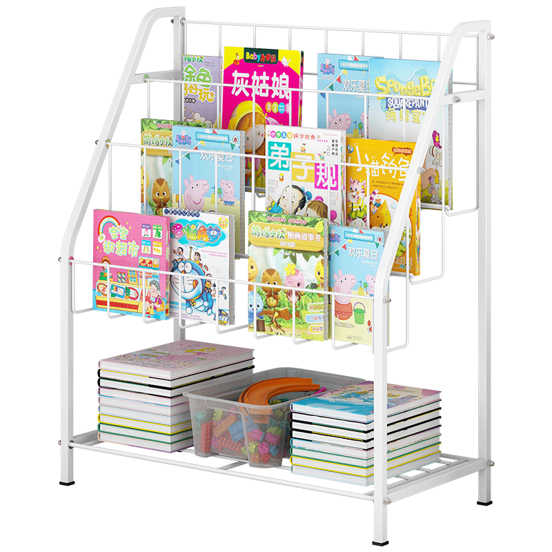 索尔诺书架儿童幼儿宝宝绘本架储物置物架图书架简约落地金属幼儿园家用客厅书报架卧室铁艺宝宝飘窗收纳架 3层书架+1层置物白色-【高65CM】