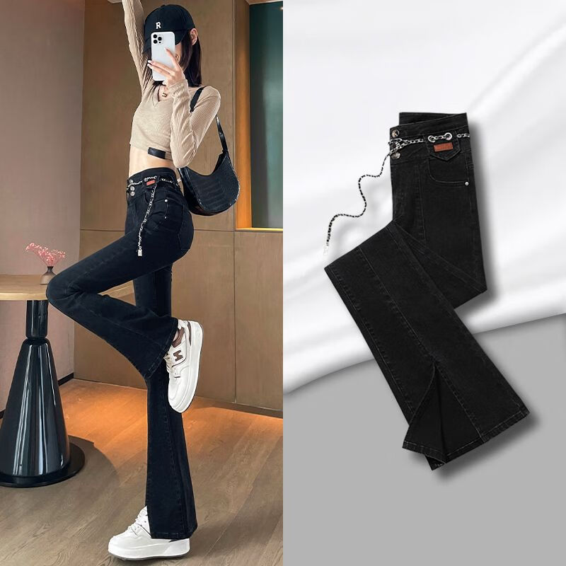 奔瑜微喇阔腿牛仔裤女加长春秋季高腰显瘦喇叭裤黑色开叉秋装2023年新