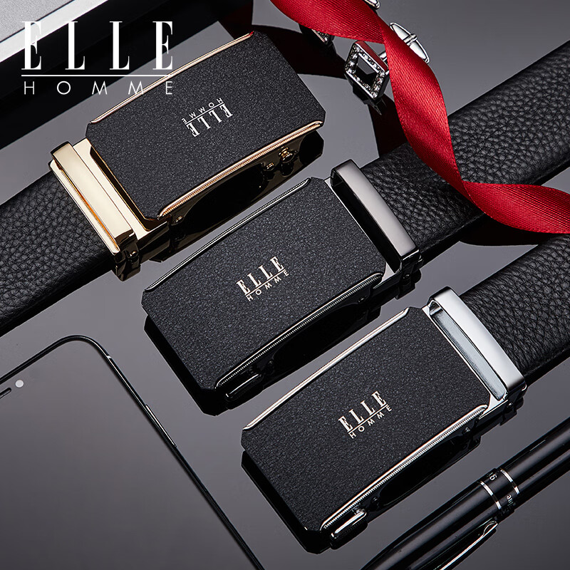 ELLE HOMME法国品牌男士皮带男真皮自动扣腰带头层牛皮高档生日礼物送男友 【专柜礼盒】曜银磨砂-902087 110cm ~130随机(可修剪)