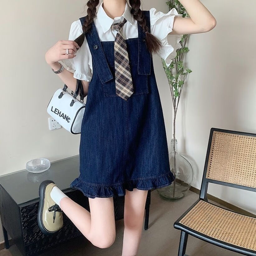 宁墅小个子微胖女生穿搭遮肚子套装胖妹妹大码胖mm牛仔背带短裙女春秋