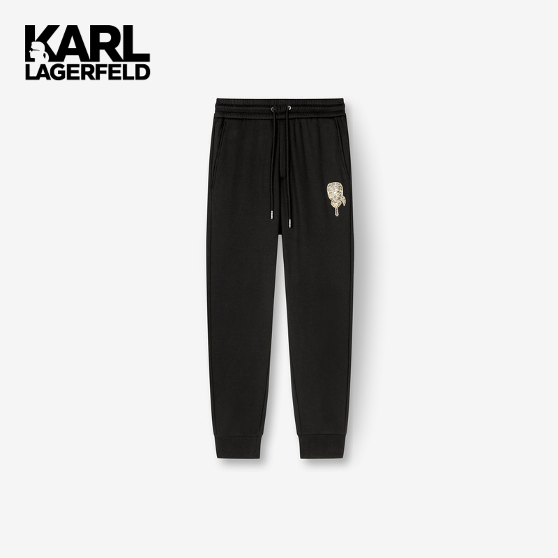 Karl Lagerfeld卡尔拉格斐轻奢老佛爷男装秋冬 IKONIK卡通形象装饰加绒休闲裤 黑色 M