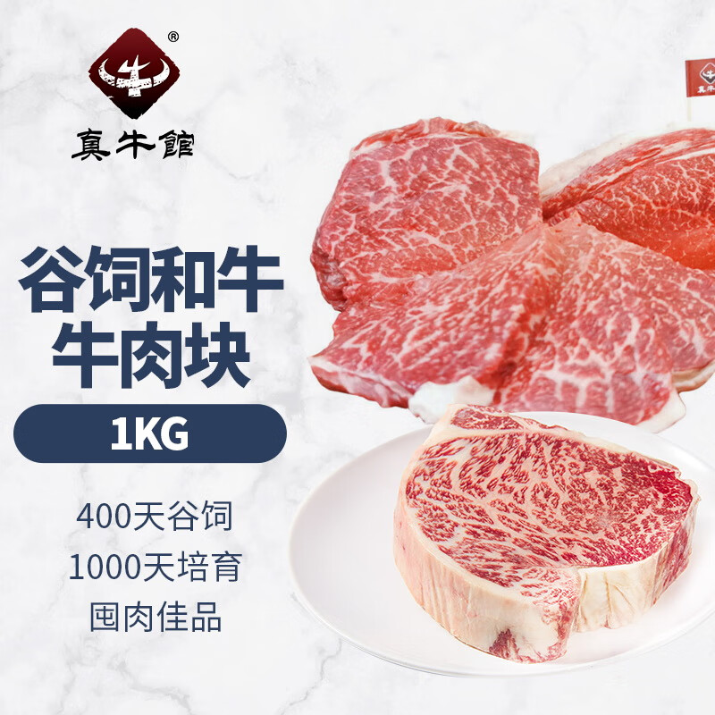 真牛馆谷饲400天和牛原切雪花牛肉块 整块牛肉 烧烤露营食材 和牛牛肉块1kg
