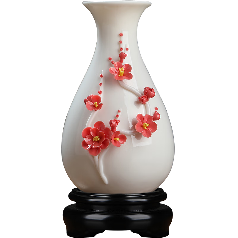 东方泥土高档描金陶瓷花瓶轻奢摆件 客厅餐桌插花家居新中式白色干花瓷器 梅花花瓶 红色【含底座】