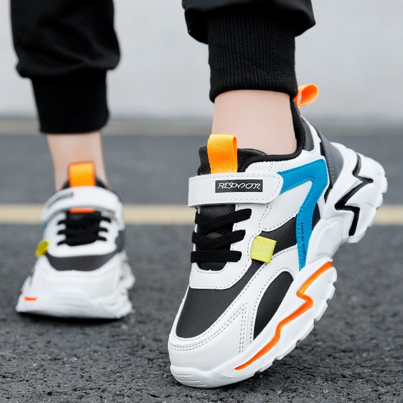 贝天熊春秋中大童鞋男童双网透气运动鞋女童网鞋小白鞋789岁小男孩皮面 BTX8938黑桔【皮面】 28 内长17.8/脚16.8