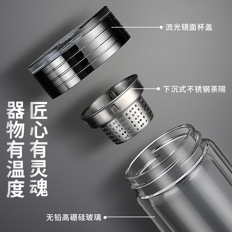 格亚（GEYA）高档双层玻璃杯男士 高端商务玻璃茶杯玻璃水杯泡茶杯子定制礼盒 经典-黑色【礼盒装】400ml