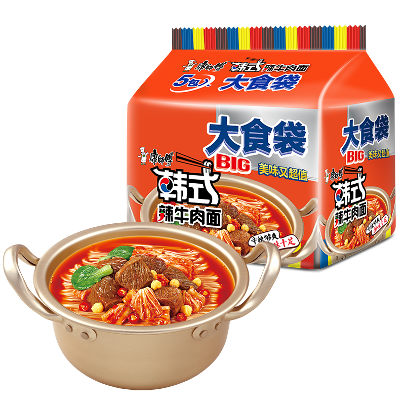 康师傅方便面大食袋韩式辣牛肉面袋面泡面五连包家庭囤货必备休闲零食